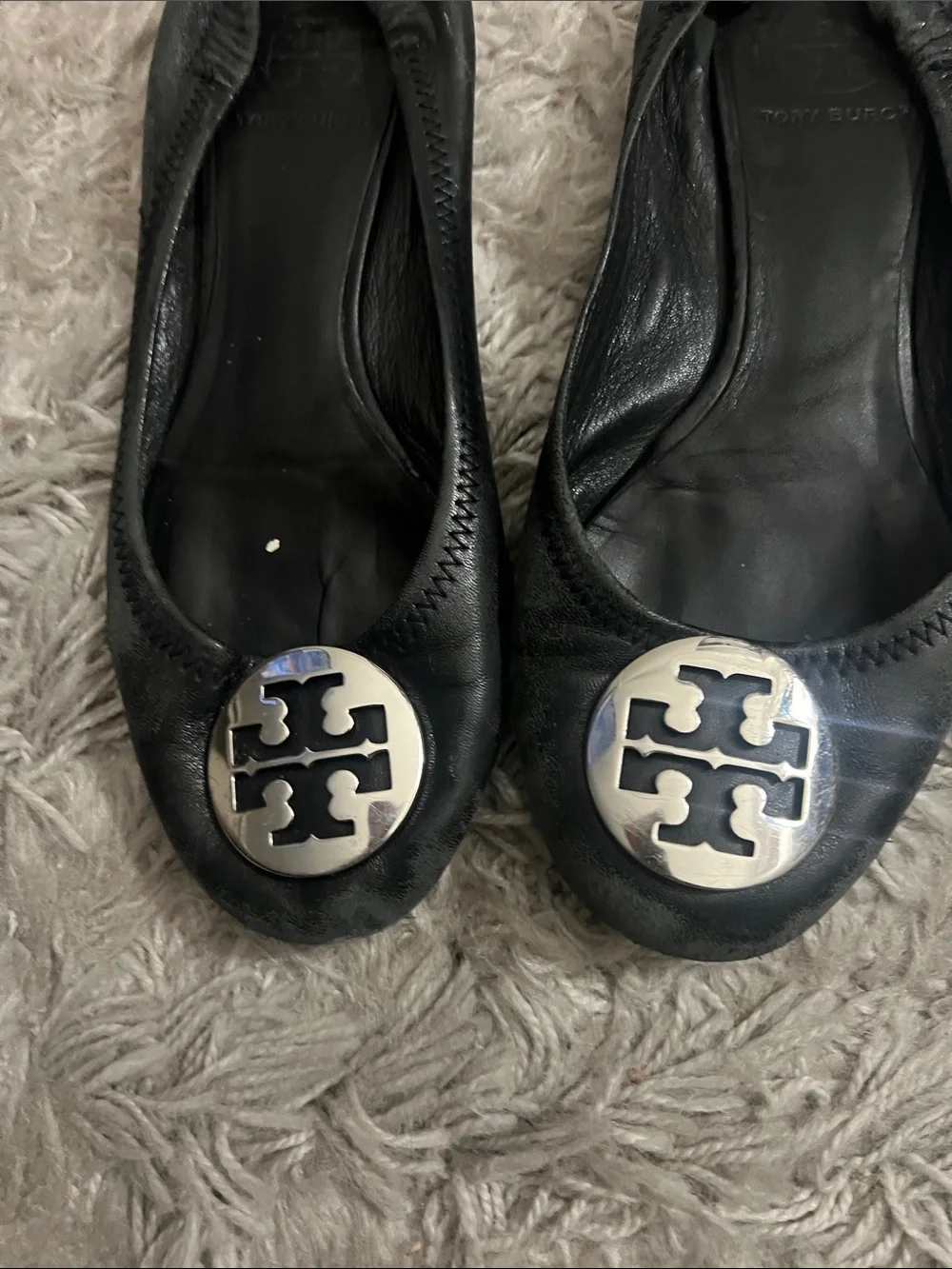 Tory Burch Black Leather and Silver Logo Reva Ballet Flats